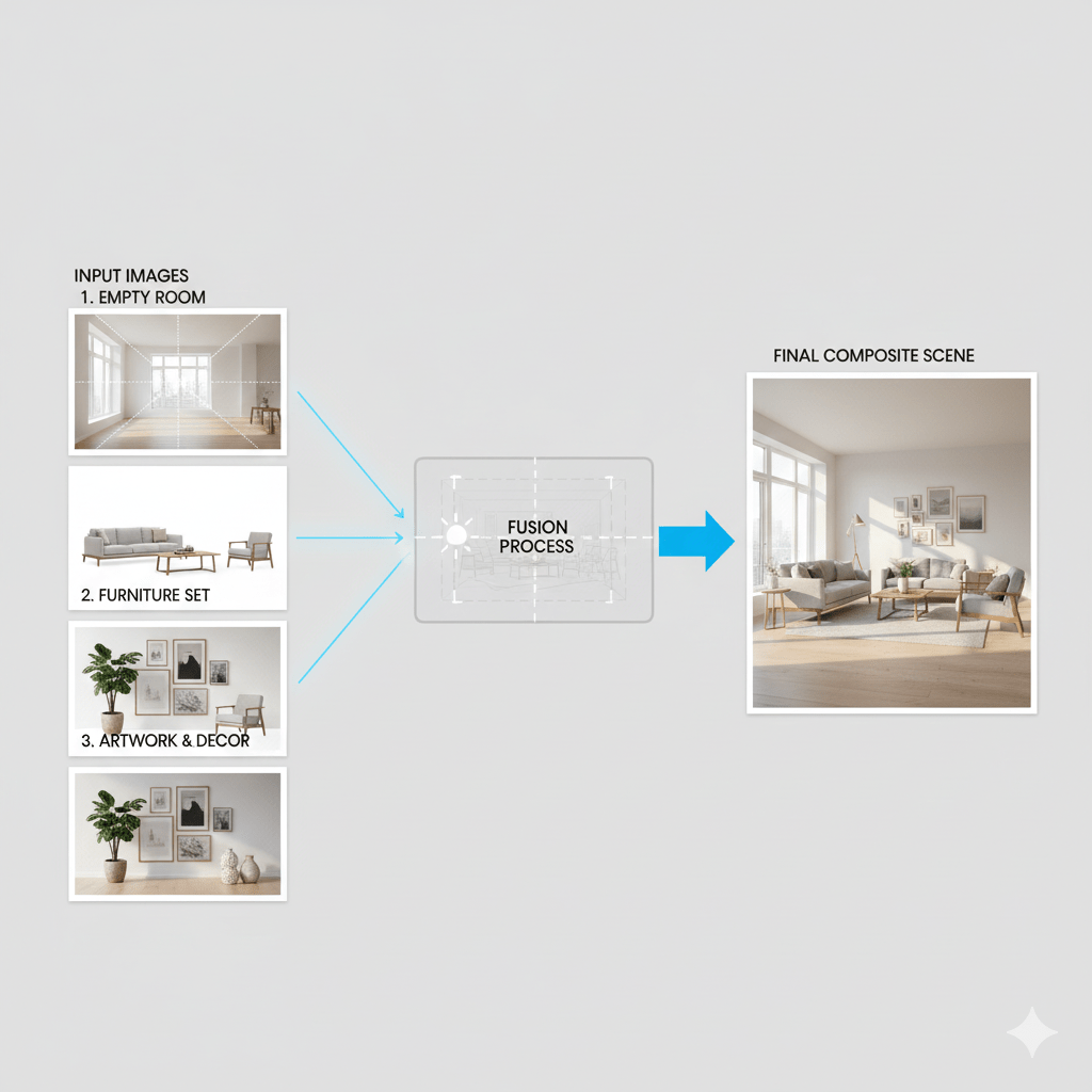 A real estate agent uploads a photo of an empty room, a photo of a modern couch, and a photo of a piece of art.