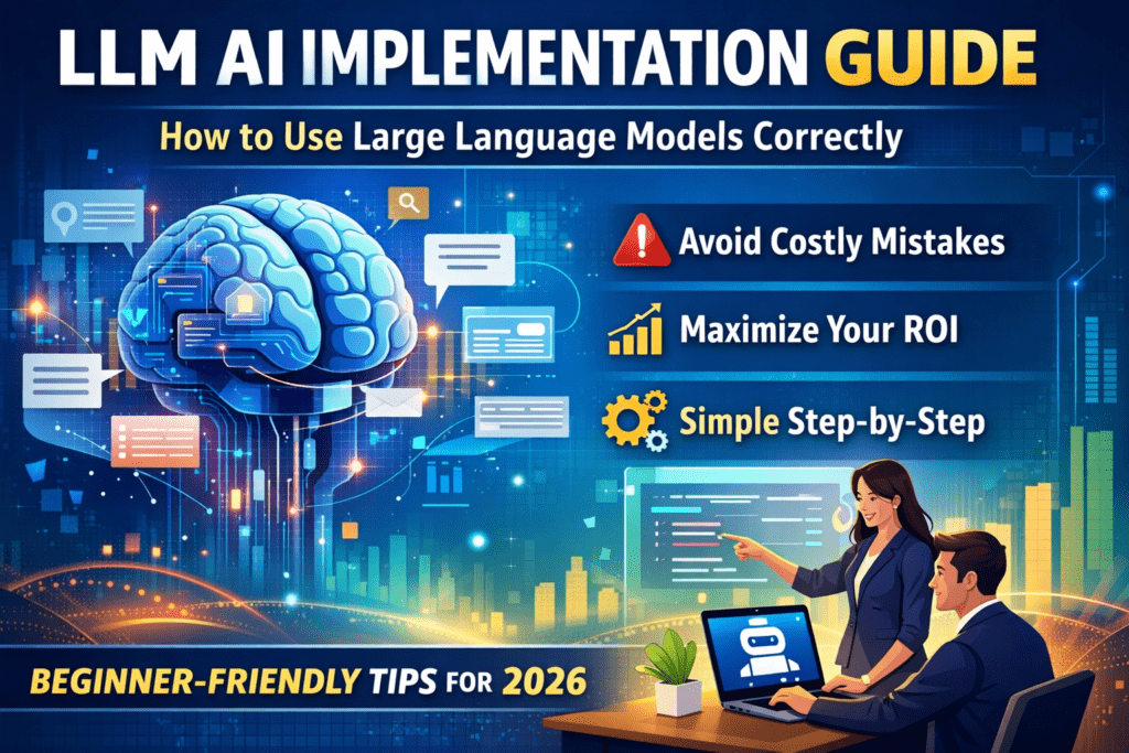 Illustration showing LLM AI implementation for beginners, explaining how to use large language models correctly, avoid costly mistakes, and improve business ROI in 2026
