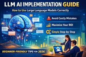 Illustration showing LLM AI implementation for beginners, explaining how to use large language models correctly, avoid costly mistakes, and improve business ROI in 2026