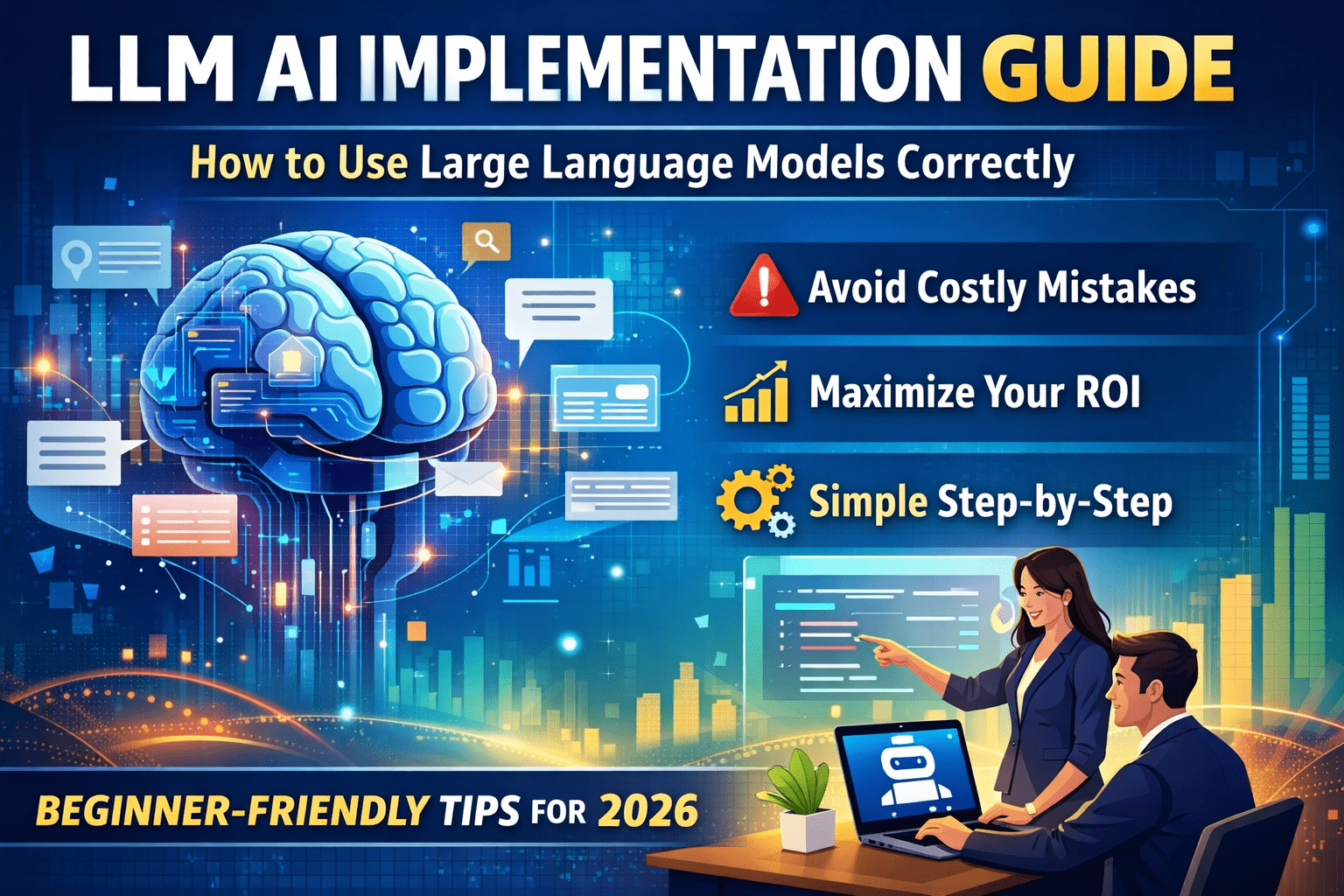 Illustration showing LLM AI implementation for beginners, explaining how to use large language models correctly, avoid costly mistakes, and improve business ROI in 2026
